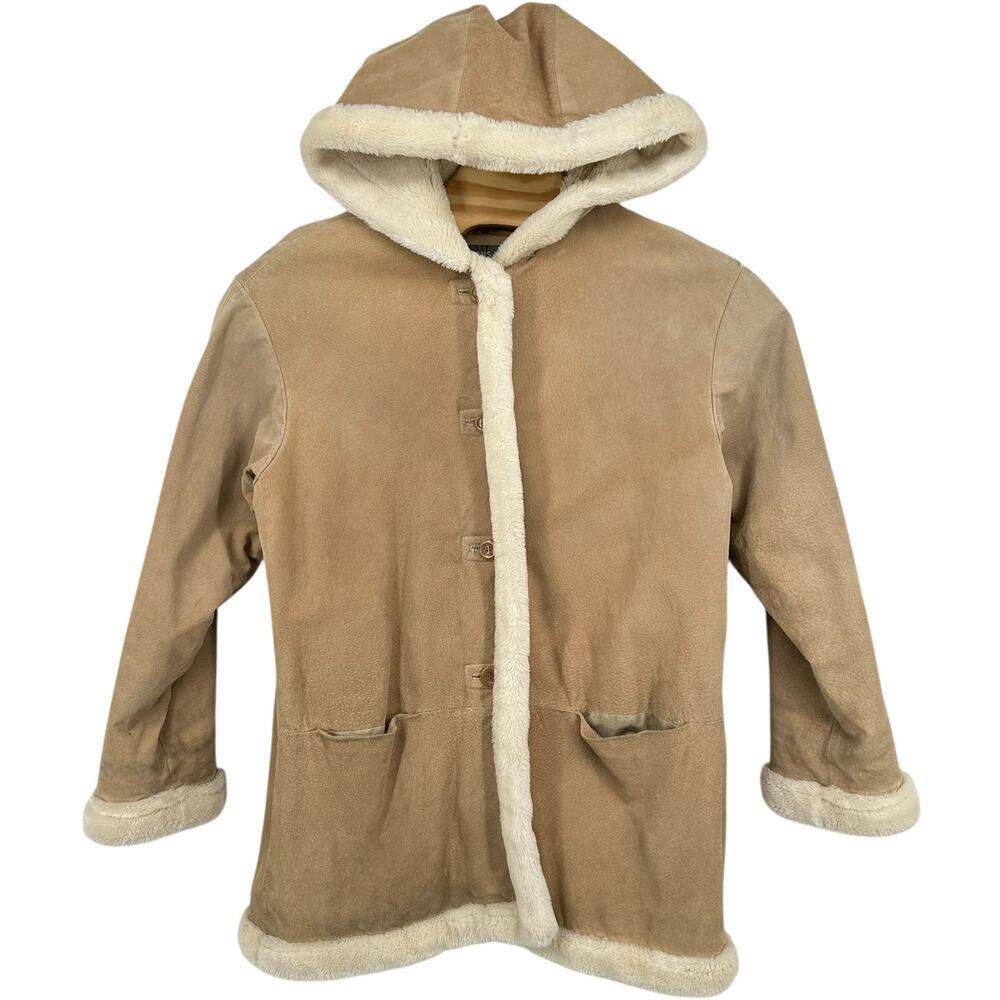 Vintage Women's Tan Wilson's Leather Suede Faux Fur Hooded Winter Coat Jacket XL